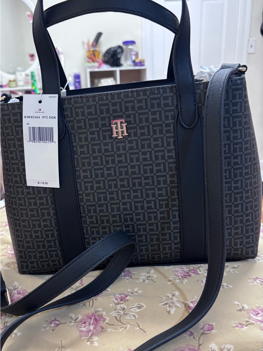 Tommy Hilfiger Black and Gray Monogram Canvas Tote with Rose Gold Logo